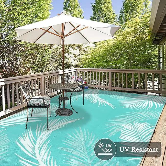Pauwer Waterproof Outdoor Rug 8x10, Reversible Plastic Straw Patio Camping Rug, Indoor Outdoor RV Mat Carpet for Deck, Camper, Porch, Balcony, Backyard, Picnic, Leaf Light Blue by GreenHaven Gardens