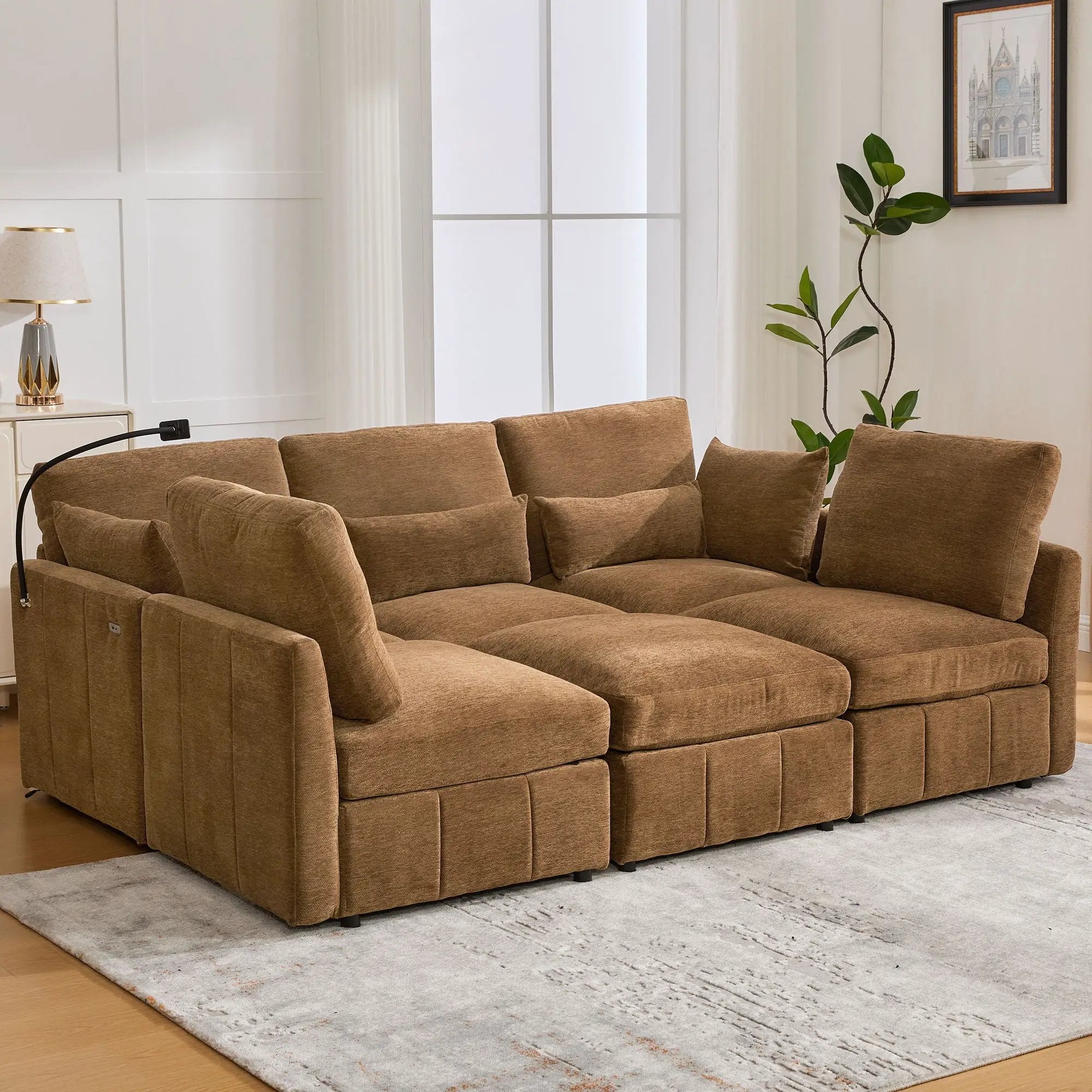 Modern Modular U-Shaped Sofa Bed With Movable Ottoman, USB Ports, Phone Holder by HouseOfZazla