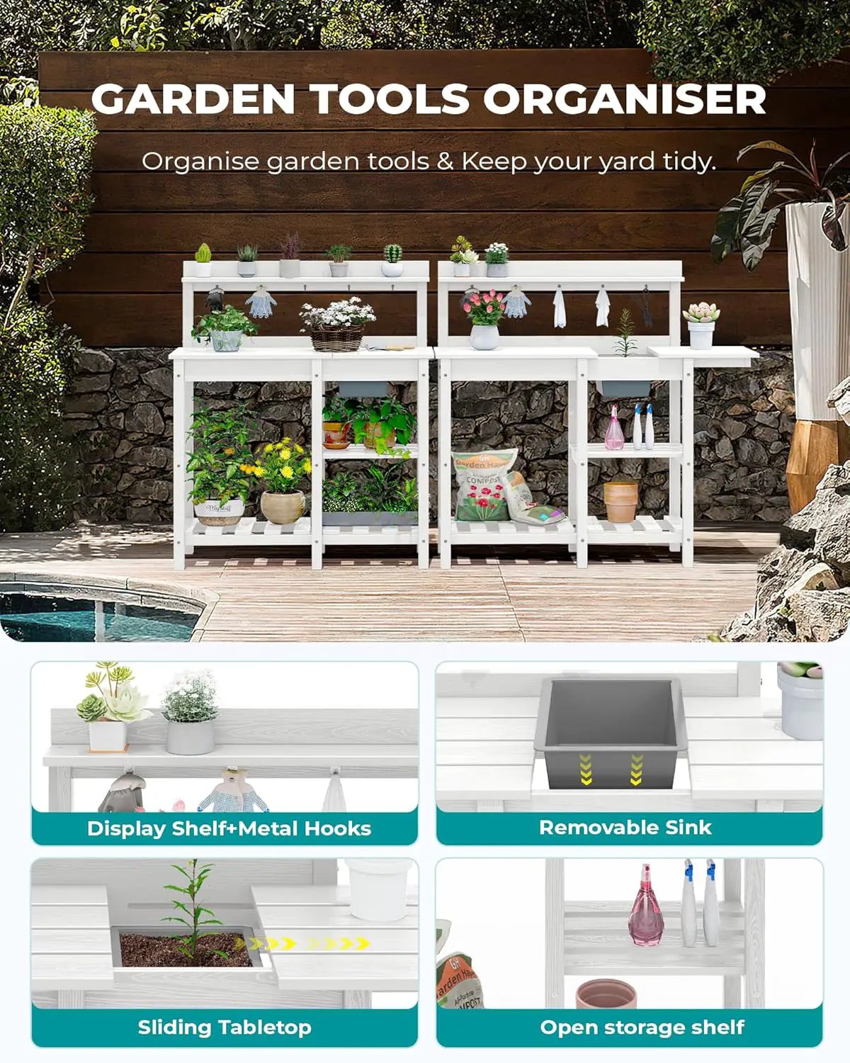 SERWALL Potting Table for Outside All Weather Use- White by GreenHaven Gardens