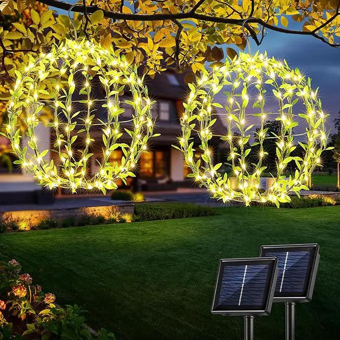 Joomer Solar Hanging Lights Outdoor, 2 Pack 12in 120 LED Solar Globe Lights, 8 Modes Waterproof Foldable Metal Sphere Light with Hook for Garden Yard Porch Decor-Warm White (Ball with Green Leaf) by GreenHaven Gardens