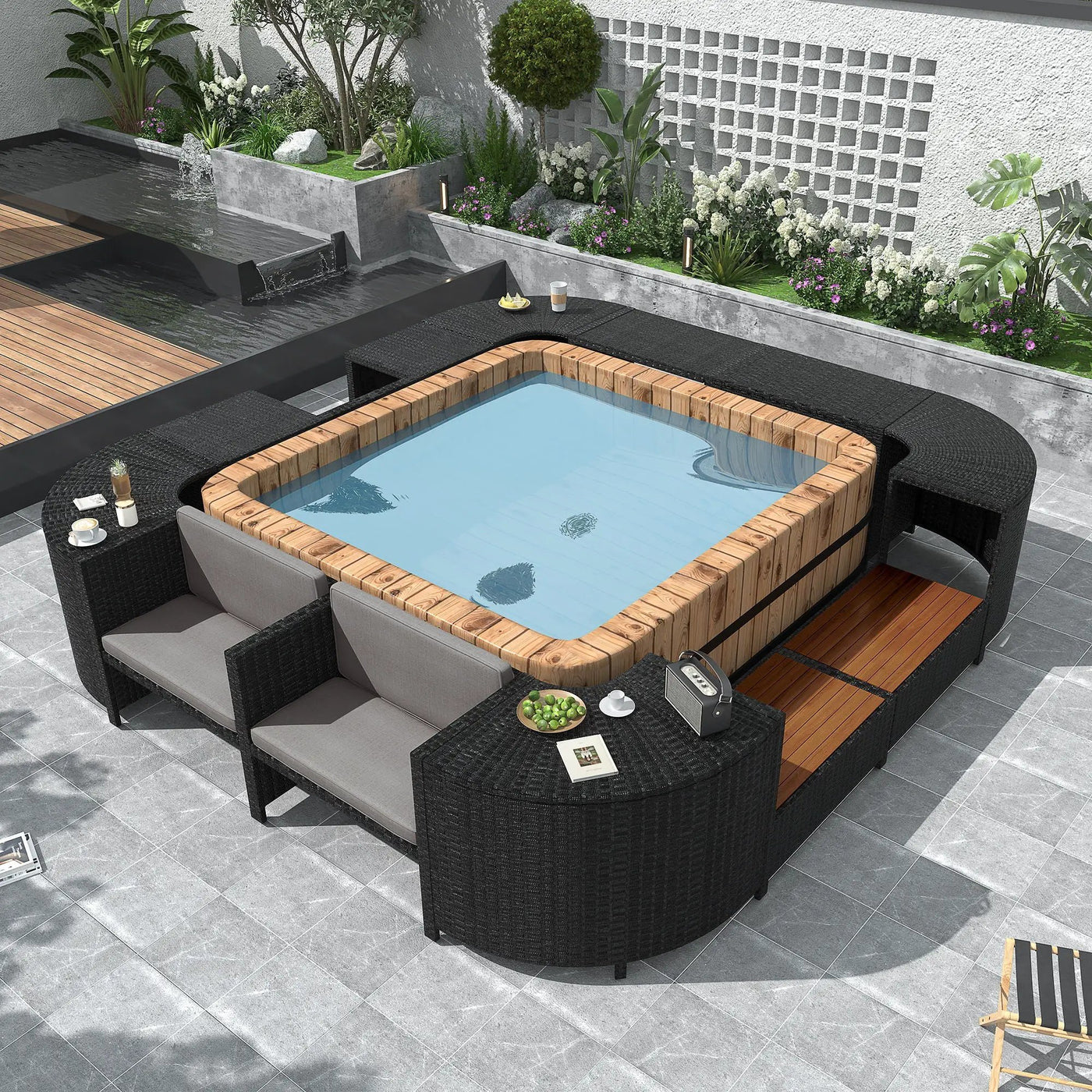 Spa Surround Spa Frame Quadrilateral Outdoor Rattan Sectional Sofa Set With Mini Sofa, Wooden Seats And Storage Spaces by HouseOfZazla
