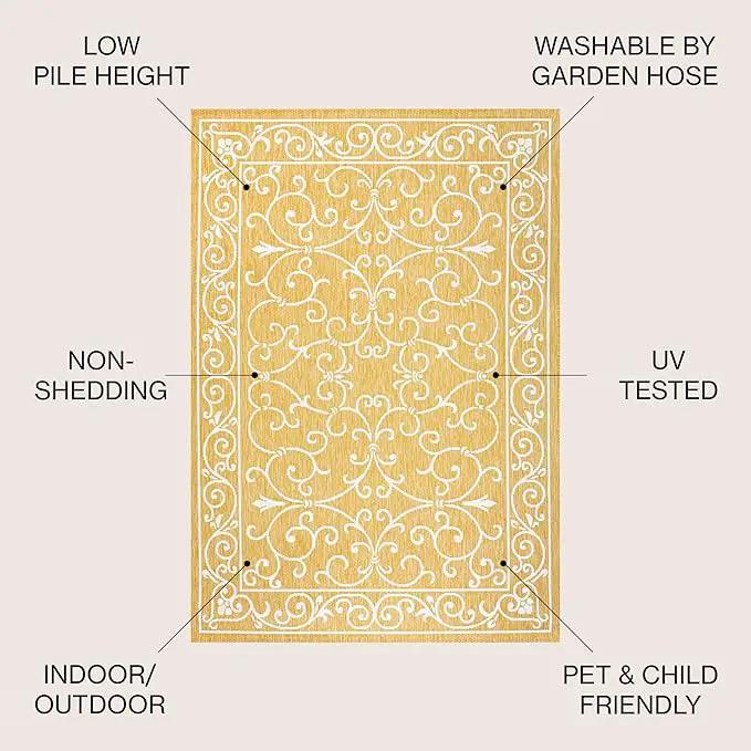 JONATHAN Y SMB106L-5SQ Charleston Vintage Filigree Textured Weave Indoor Outdoor Area Rug, Classic Traditional Transitional Easy Cleaning,Bedroom,Kitchen,Backyard,Patio, Yellow/Cream, 5' Square by GreenHaven Gardens
