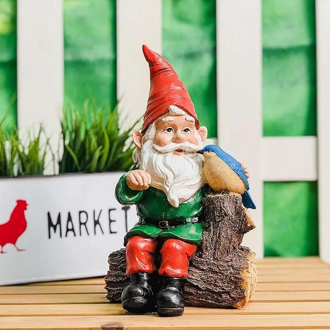 Garden Gnome Statues with Bird Resin Sculpture Gnome Sitting on The Stump Outdoor Statues for Outdoor Garden Decor by GreenHaven Gardens