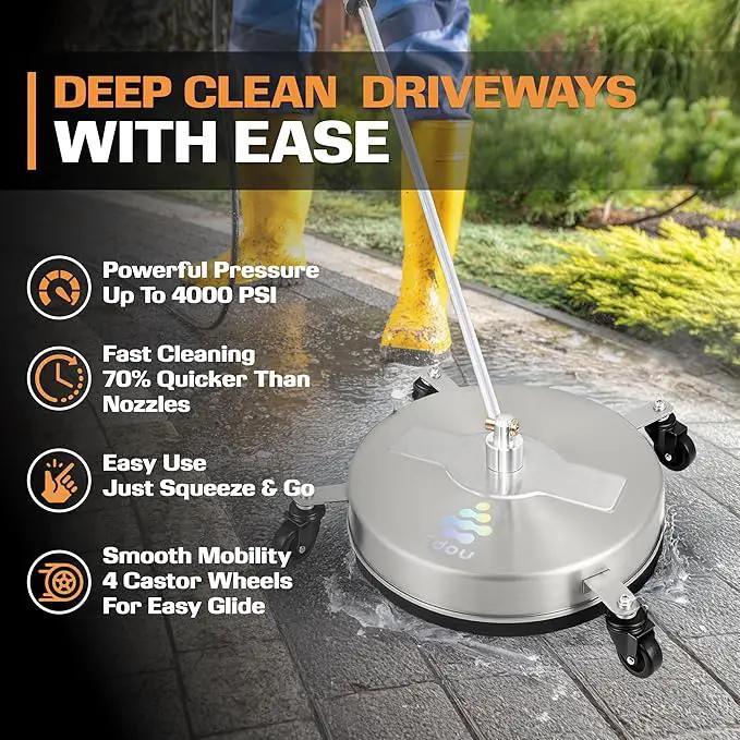 EDOU 18 inch Pressure Washer Surface Cleaner - Stainless Steel Power Washer Attachment - 4,000 PSI Max - Concrete Cleaner with Dual Nozzles and Extension Wands - Silver by GreenHaven Gardens