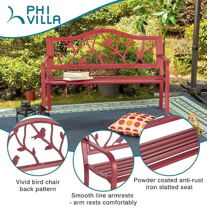 PHI VILLA Outdoor Patio 50" Metal Park Bench Red, Steel Frame Bench with Backrest and Armrests for Porch, Patio, Garden, Lawn, Balcony, Red Bird by GreenHaven Gardens