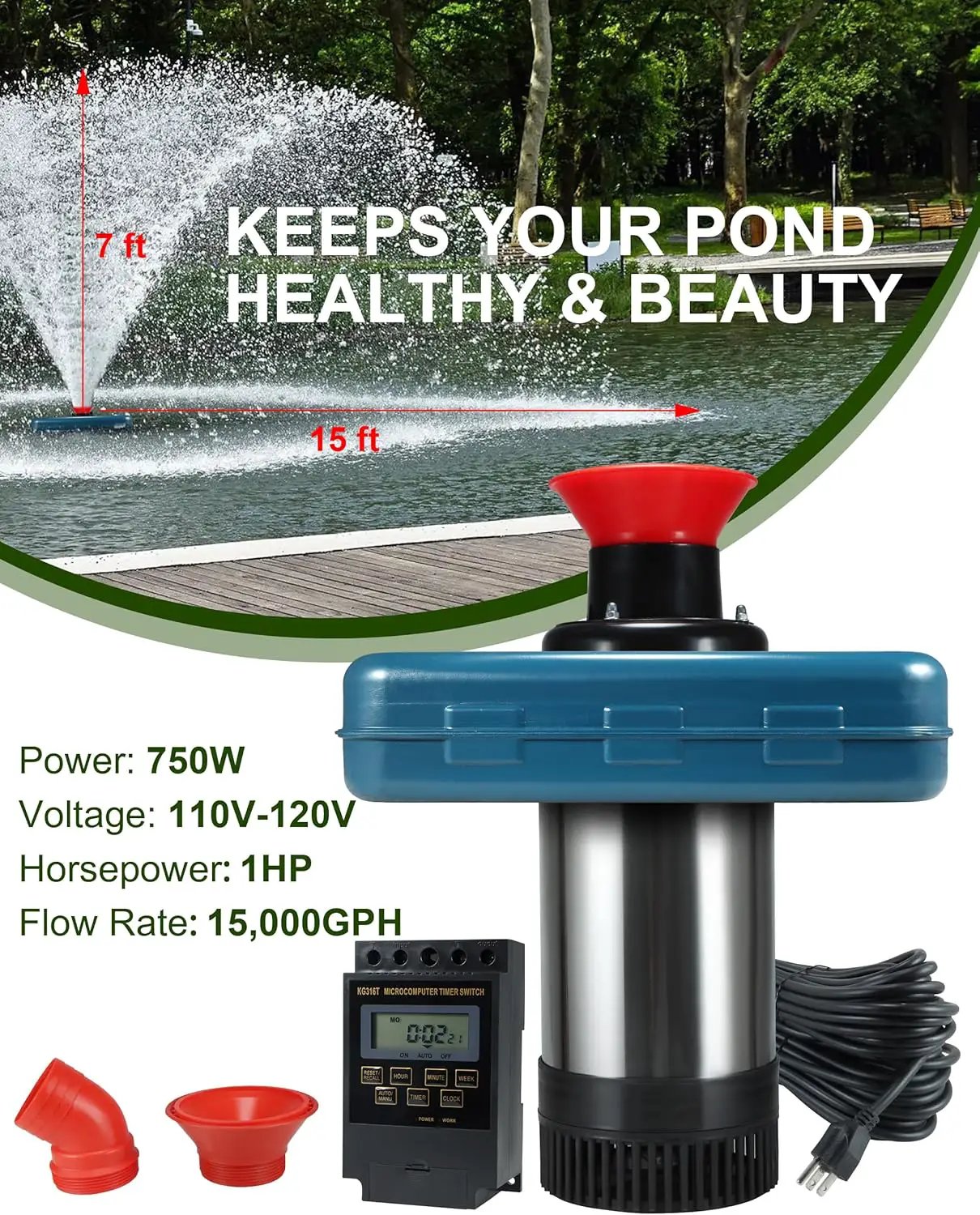 Pond Fountain Aerator 1HP, AS2 750W 15000GPH 110V/120V High Flow Floating Water Fountain Pump With 100ft Power Cord, Stainless Steel Body Aerating Fountains Cascade for Large Small Pond/Lake by GreenHaven Gardens