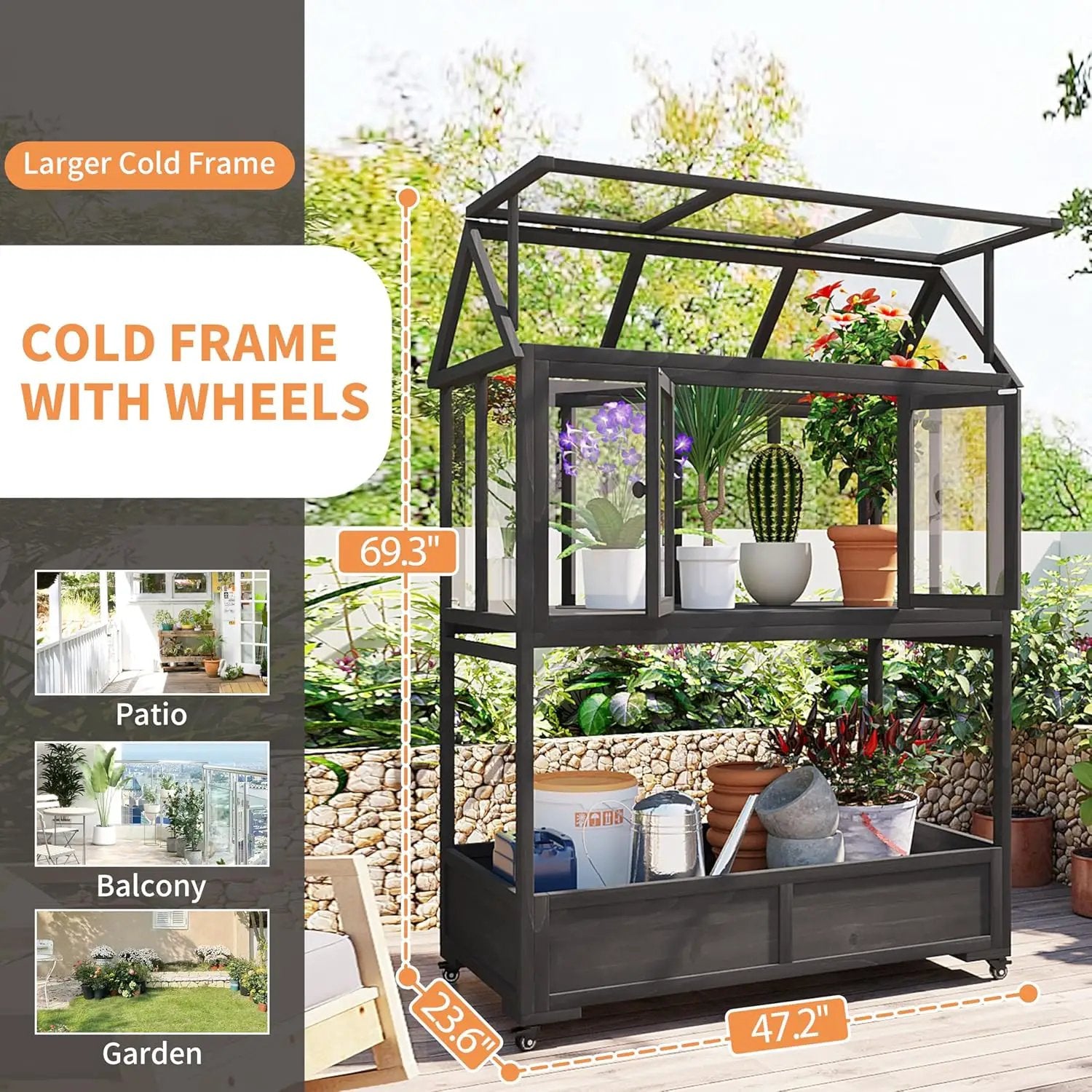 Garden Wood Portable Cold Frame - Mini Greenhouse with Wheels, Open Roof & Storage (Black+ Wood Color + WoodColor) by GreenHaven Gardens