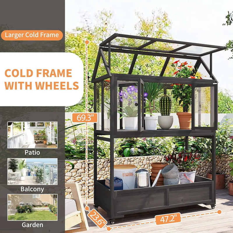 Garden Wood Portable Cold Frame - Mini Greenhouse with Wheels, Open Roof & Storage (Black+ Wood Color + WoodColor) by GreenHaven Gardens