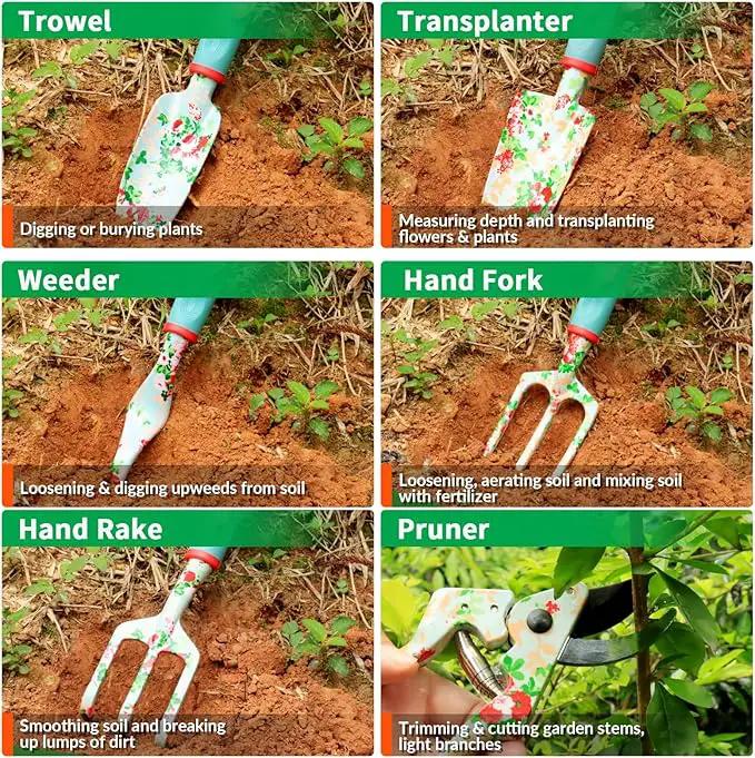 Garden Tools Set WANCHI 10 Piece Heavy Duty Floral Garden Tool Set Gardening Gifts for Women Men Birthday Rust-Proof Aluminum Garden Hand Tools Gardening Kit with Tote Bag Apron Glove by GreenHaven Gardens