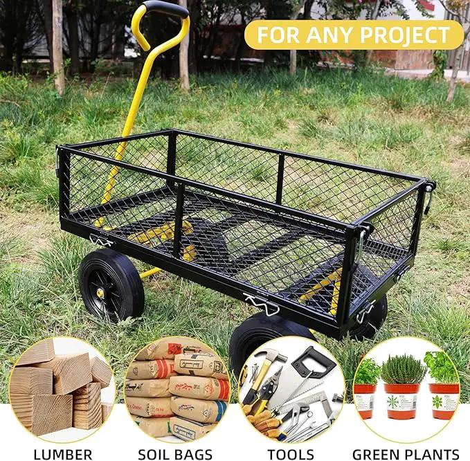 Heavy Duty 480 Lbs Capacity Mesh Steel Garden Cart Folding Utility Wagon with Removable Sides (Black+Yellow) by GreenHaven Gardens