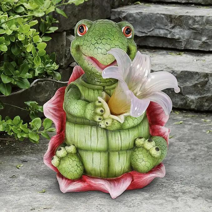 Exhart Solar Turtle Garden Statue, LED Lily Flower, Durable Resin, Cute Yard Décor, 7.5"x5.5"x8.5" by GreenHaven Gardens