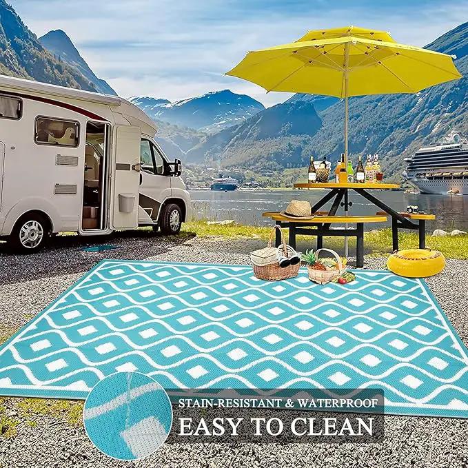 Pauwer Waterproof Outdoor Rug 6x9, Reversible Plastic Straw Patio Camping Rug, Indoor Outdoor RV Mat Carpet for Deck, Camper, Porch, Balcony, Backyard, Picnic, Geometric Teal by GreenHaven Gardens