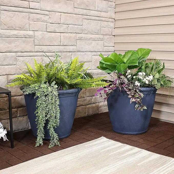 Sunnydaze 24-Inch Anjelica Large Plastic Pot for Plants - Outdoor Polyresin Round Planter with Drillable Drainage Holes - Slate - 2pk by GreenHaven Gardens