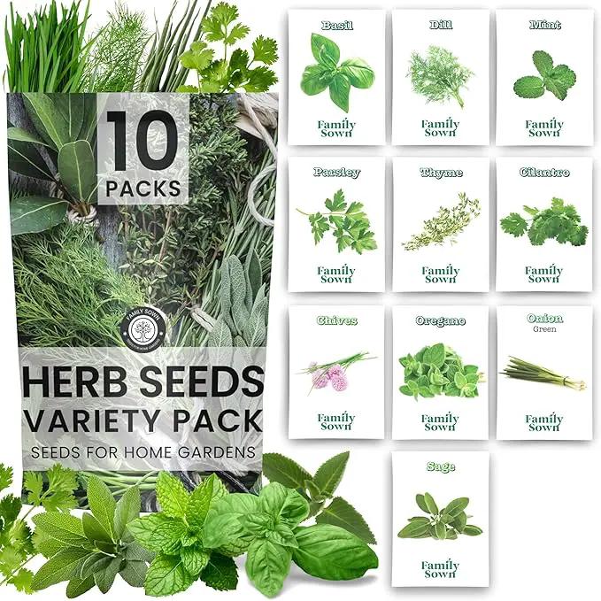 Herb Seeds | 10 Invidiual Packs | 2025 Season | Non-GMO | Mint, Parsley, Basil, Thyme & More! | for Planting Indoor & Outdoor | by Family Sown by GreenHaven Gardens