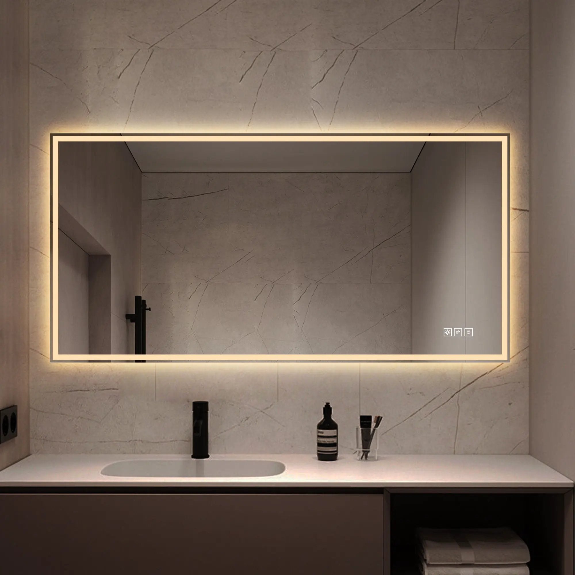 LED Bathroom Vanity Wall Mirror With Straight Edge Design, Frosted Glass Finish, Anti Fog, Dimmable 3 Color Lighting - Silver by HouseOfZazla