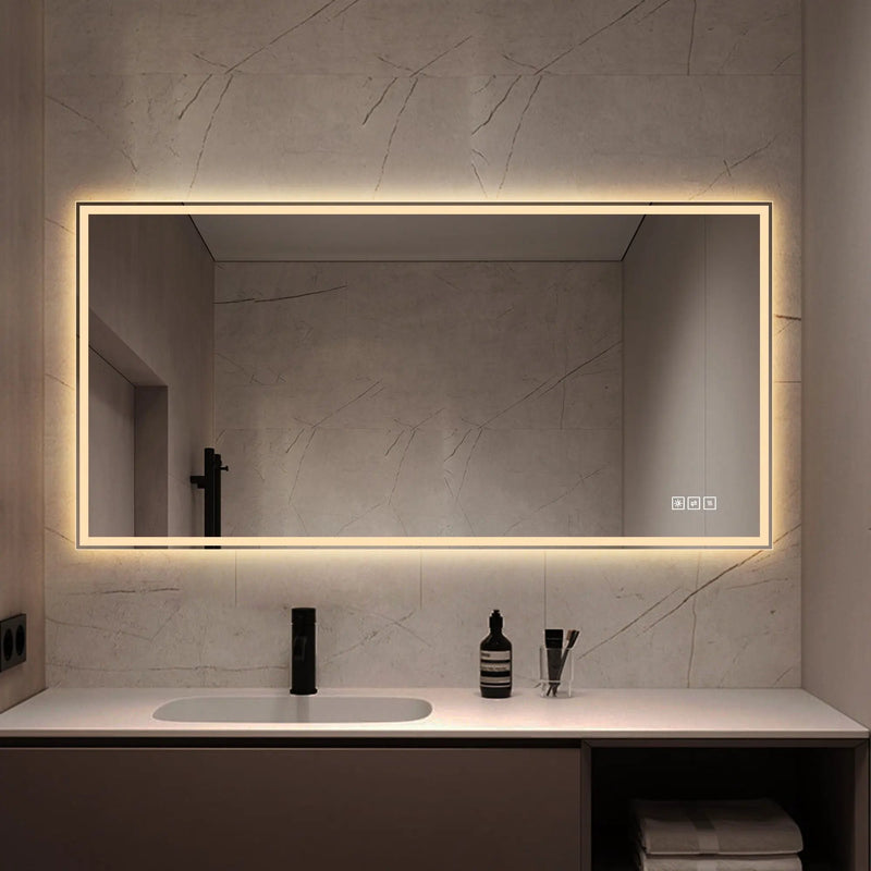 LED Bathroom Vanity Wall Mirror With Straight Edge Design, Frosted Glass Finish, Anti Fog, Dimmable 3 Color Lighting - Silver by HouseOfZazla