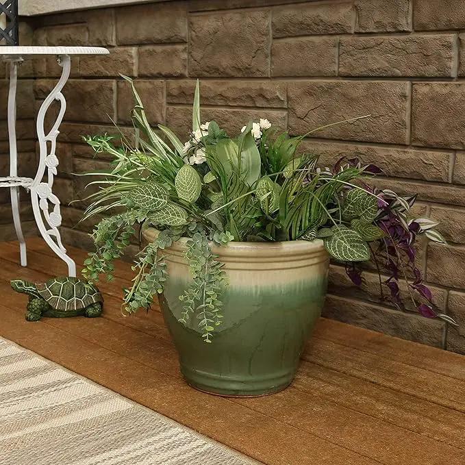 Sunnydaze Studio Large Ceramic Plant Pot - Round Outdoor Glazed Ceramic Planter Pot with Drainage - Seafoam - 14.5" by GreenHaven Gardens