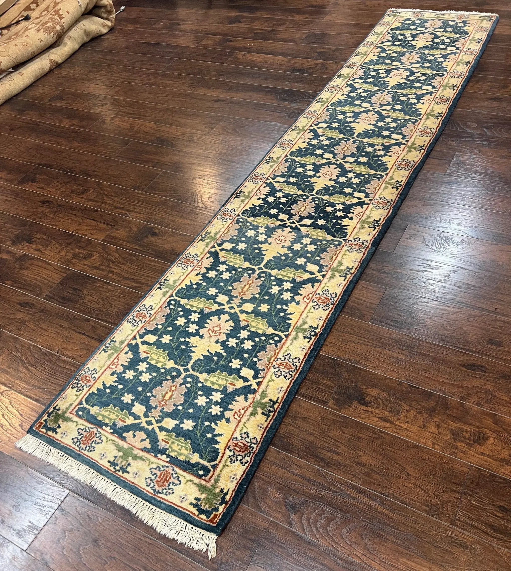 Indian Runner Rug 2.6 x 12, Navy Blue Beige Oriental Runner Rug 12ft Long, Narrow Hallway Runner, Wool Hand Knotted Indo Persian Mahal Rug by Jewel Rugs