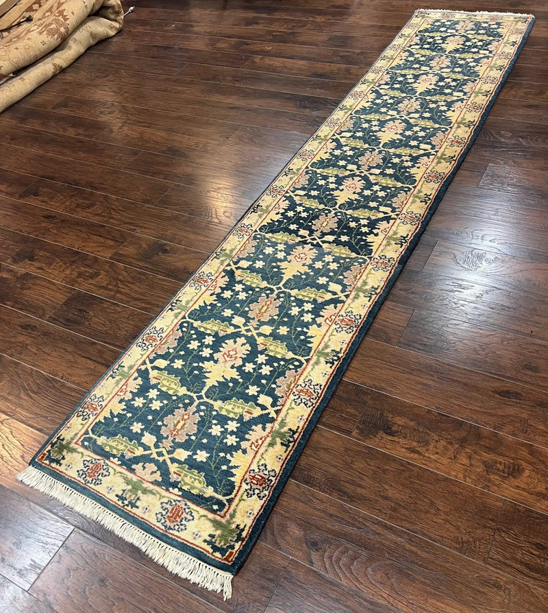 Indian Runner Rug 2.6 x 12, Navy Blue Beige Oriental Runner Rug 12ft Long, Narrow Hallway Runner, Wool Hand Knotted Indo Persian Mahal Rug by Jewel Rugs