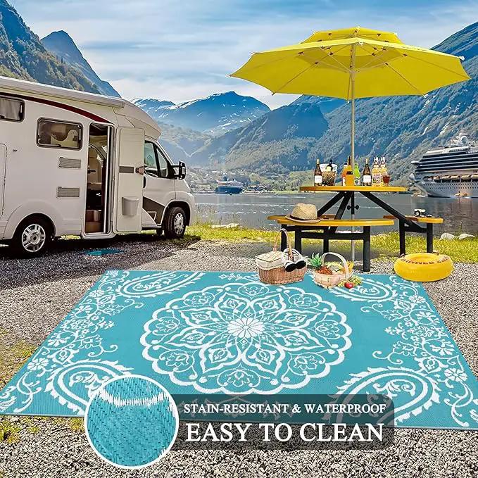 Pauwer Waterproof Outdoor Rug 8x10, Reversible Plastic Straw Patio Camping Rug, Indoor Outdoor RV Mat Carpet for Deck, Camper, Porch, Balcony, Backyard, Picnic, Boho Teal by GreenHaven Gardens
