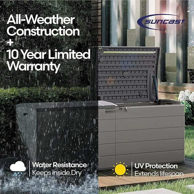 Suncast 120-Gal. All-Weather Patio Deck Box with Pad-Lockable Split Top Lid, Extra-Large Outdoor Storage Unit for Patio Furniture and Grill Tools, Made in the USA by GreenHaven Gardens