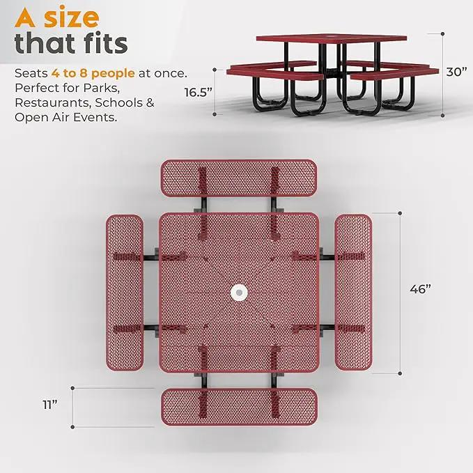 Metal Picnic Tables for Outdoors with Umbrella Hole - Coated Steel Heavy Duty Commercial Grade Table with Adjustable Seats (Red, 46 in, Square, Expanded Steel) by GreenHaven Gardens
