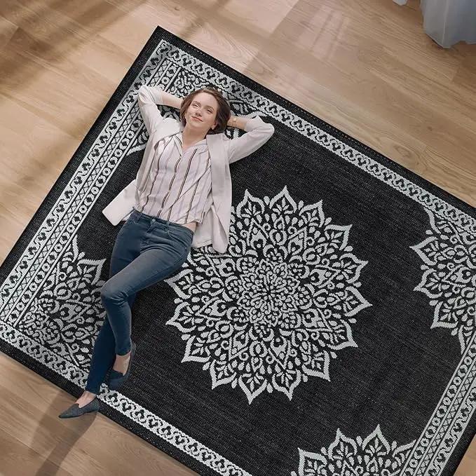 CAMILSON Outdoor Rug, 6x9 Medallion Black White Modern Area Rugs for Indoor and Outdoor Patios, Kitchen and Hallway Mats, Washable Porch Deck Outside Carpet (Medallion Black, 6 x 9) by GreenHaven Gardens