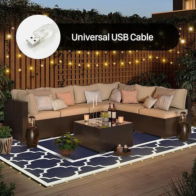 GENIMO 6' x 9' Outdoor Rug Waterproof for Patio Decor, Foldable Reversible Plastic Straw Area Rugs Mat with String Light, Led Carpet for Camper, Rv, Deck, Porch, Picnic, Beach, Balcony, Blue & White by GreenHaven Gardens