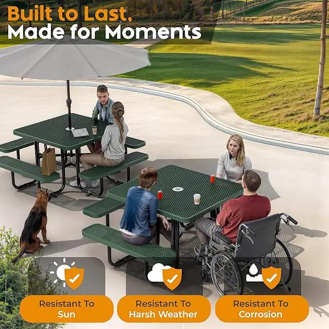 Metal Picnic Tables for Outdoors with Umbrella Hole - Coated Steel Heavy Duty Commercial Grade Table with Adjustable Seats (Green, 46 in, Square, Expanded Steel) by GreenHaven Gardens