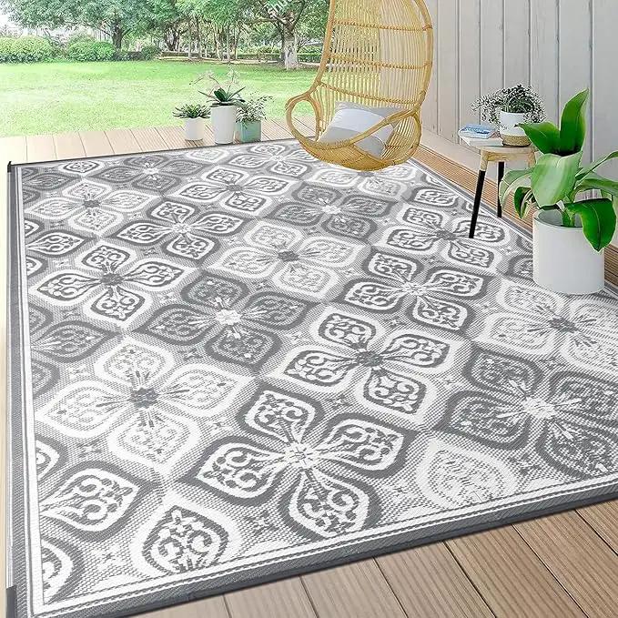 Pauwer Waterproof Outdoor Rug 9x12, Reversible Plastic Straw Patio Camping Rug, Indoor Outdoor RV Mat Carpet for Deck, Camper, Porch, Balcony, Backyard, Picnic, Clover Grey by GreenHaven Gardens