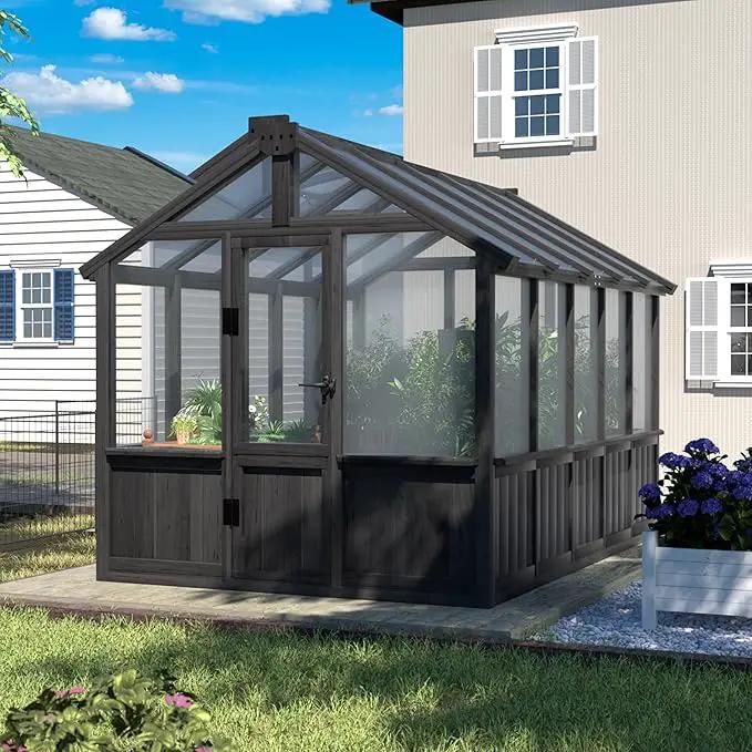6x10 FT Greenhouse Kit for Outdoor, Thickened Polycarbonate Panel Wooden Walk-in Green House with Lockable Door and Adjustable Roof Vent, Backyard Garden, Black by GreenHaven Gardens