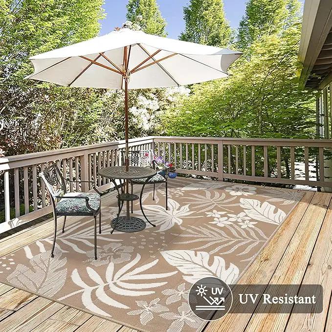 Pauwer Waterproof Outdoor Rug 6x9, Reversible Plastic Straw Patio Camping Rug, Indoor Outdoor RV Mat Carpet for Deck, Camper, Porch, Balcony, Backyard, Picnic, Floral Brown by GreenHaven Gardens