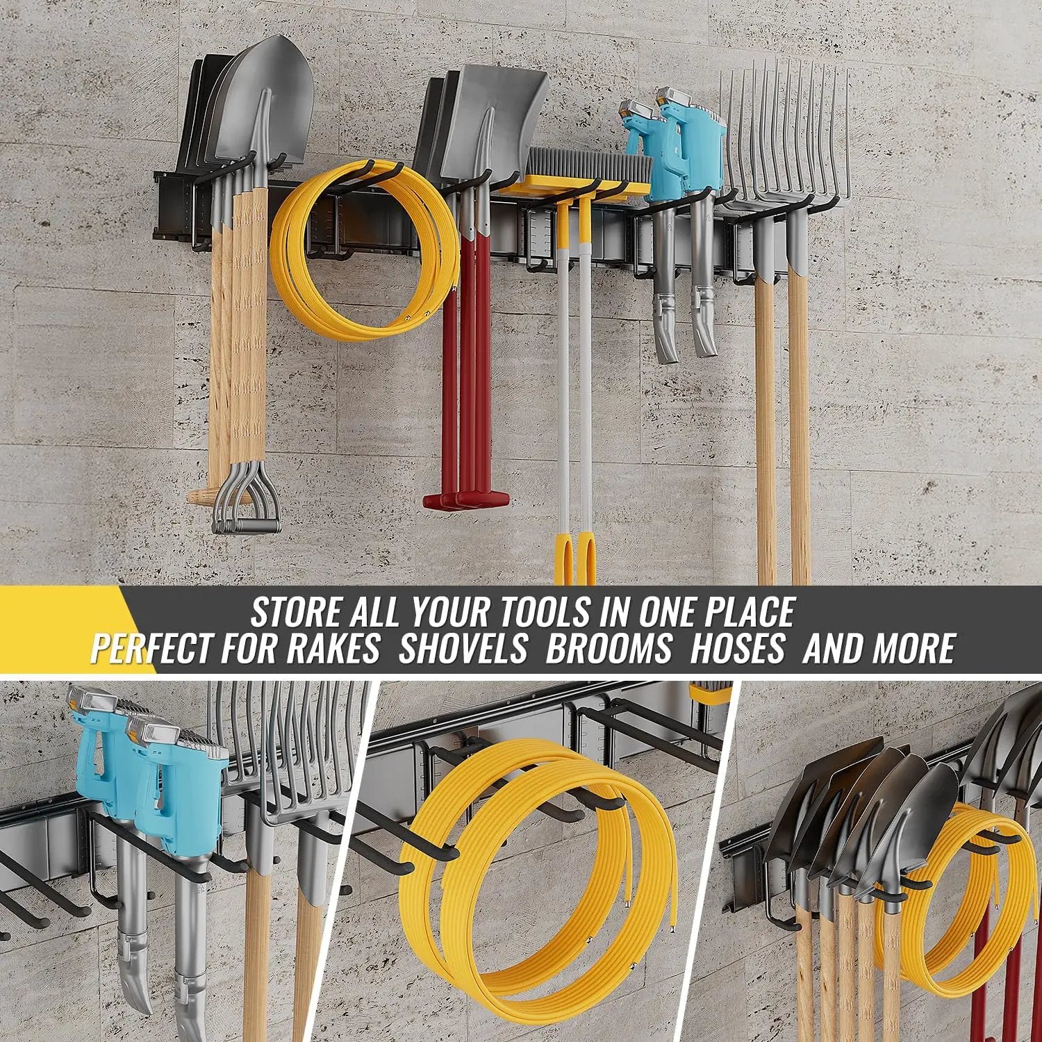 Garage Tool Rack Wall Mount – 64 inches Heavy-Duty Garden Tool Holder with 8 Adjustable Hanging Hooks – Garage Wall Storage Organizer for Shovel, Rake – Max Load 720 lbs (64 inch) by GreenHaven Gardens