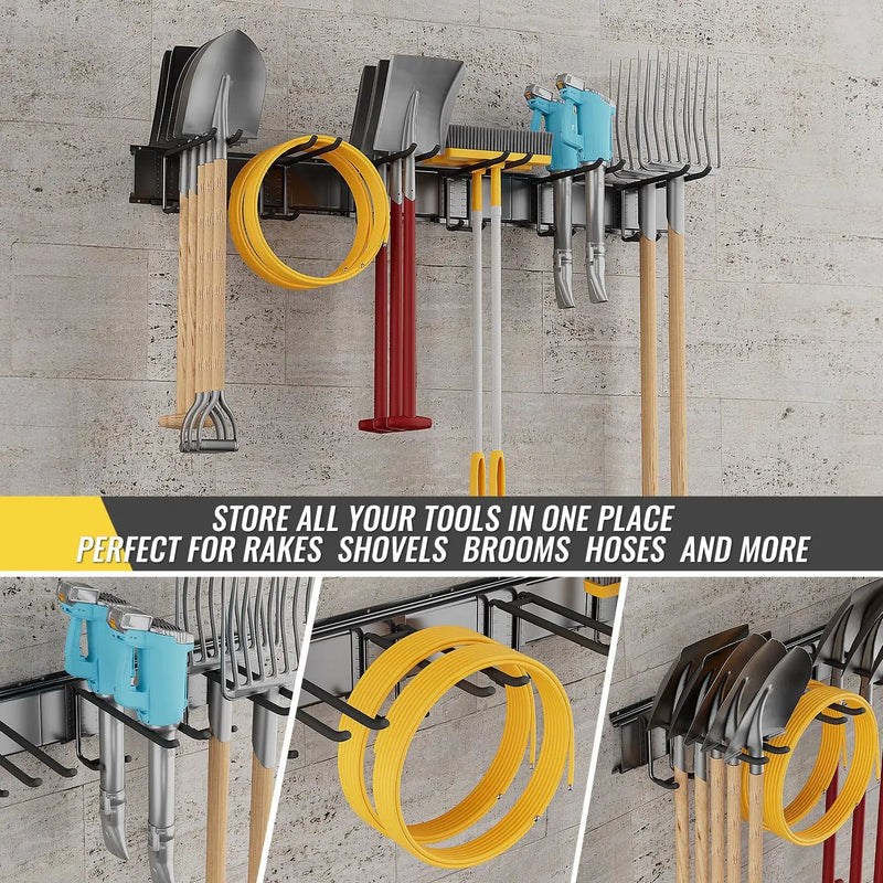 Garage Tool Rack Wall Mount – 64 inches Heavy-Duty Garden Tool Holder with 8 Adjustable Hanging Hooks – Garage Wall Storage Organizer for Shovel, Rake – Max Load 720 lbs (64 inch) by GreenHaven Gardens