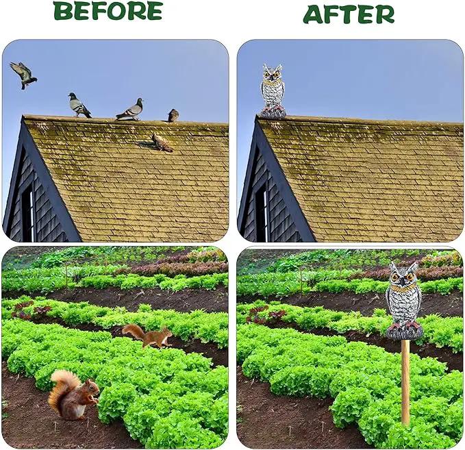 3 Pack Fake Owl Decoy to Keep Birds Away - Plastic Horned Owl Statues Bird Scarecrow Deterrents for Pigeon Hawk Squirrels Woodpecker, Halloween Decoration, Bird Scare Devices for Garden Outdoor Yard by GreenHaven Gardens