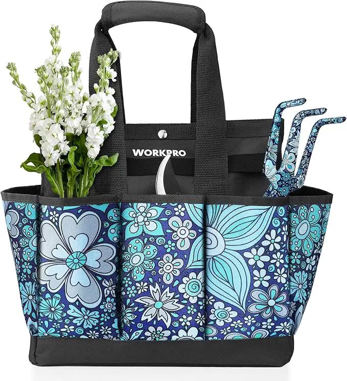 WORKPRO Garden Tool Bag, 9 Pockets Gardening Bag, Heavy Duty Oxford Garden Tote Caddy (Tools NOT Included), 12" x 12" x 6" (Floral Blue) by GreenHaven Gardens