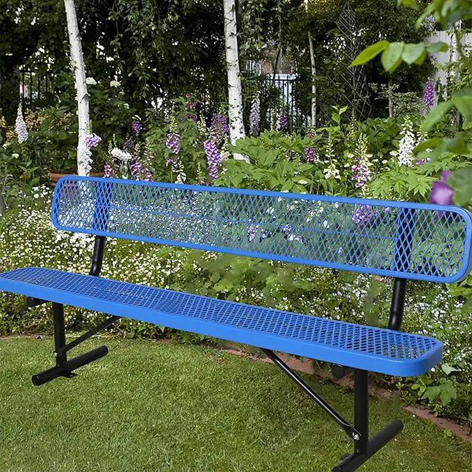 8FT Heavy Duty Park Bench with Back Portable Frame, Outdoor Steel Bench with Backrest, Outdoor Park Bench Expanded Metal Mesh Bench for Lawn, Park, Deck, Garden, Patio, Porch, Black (Blue, 8FT) by GreenHaven Gardens