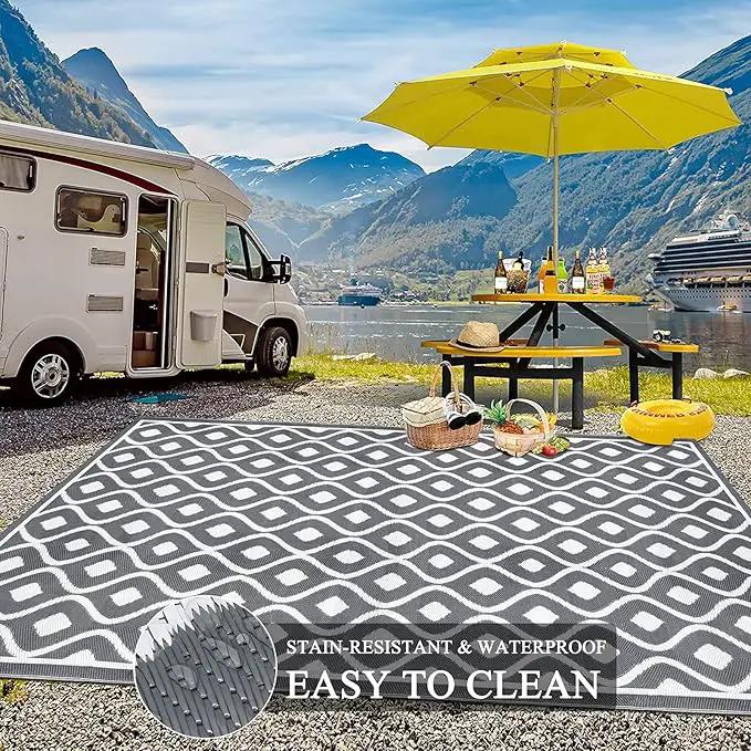 Pauwer Waterproof Outdoor Rug 8x10, Reversible Plastic Straw Patio Camping Rug, Indoor Outdoor RV Mat Carpet for Deck, Camper, Porch, Balcony, Backyard, Picnic, Geometric Grey by GreenHaven Gardens