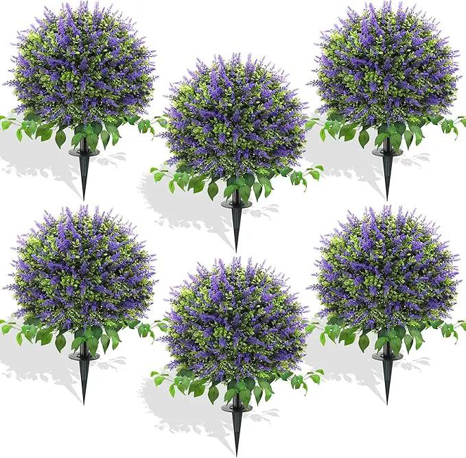 28" Artificial Boxwood Topiary Ball with Lavender, UV Resistant Topiary Tree Faux Boxwood Ball Shaped Porch Bushes with Ground Spike Artificial Bushes for Outdoors Front Door Decor Home Garden by GreenHaven Gardens