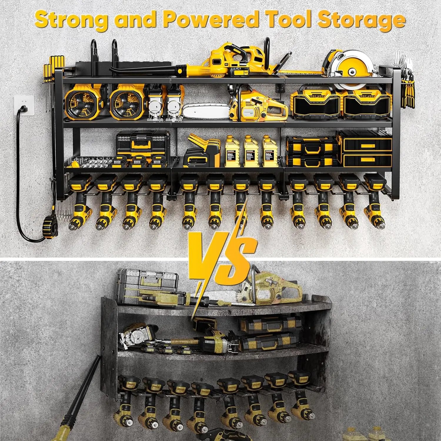 49.5" W Large Power Tool Organizer Wall Mount with Charging Station, 4-Tier Heavy Duty12 Cordless Drills Holder Load 600 lb, Tool Battery Storage Rack Built in 8 Outlet Power Strip for Garage by GreenHaven Gardens