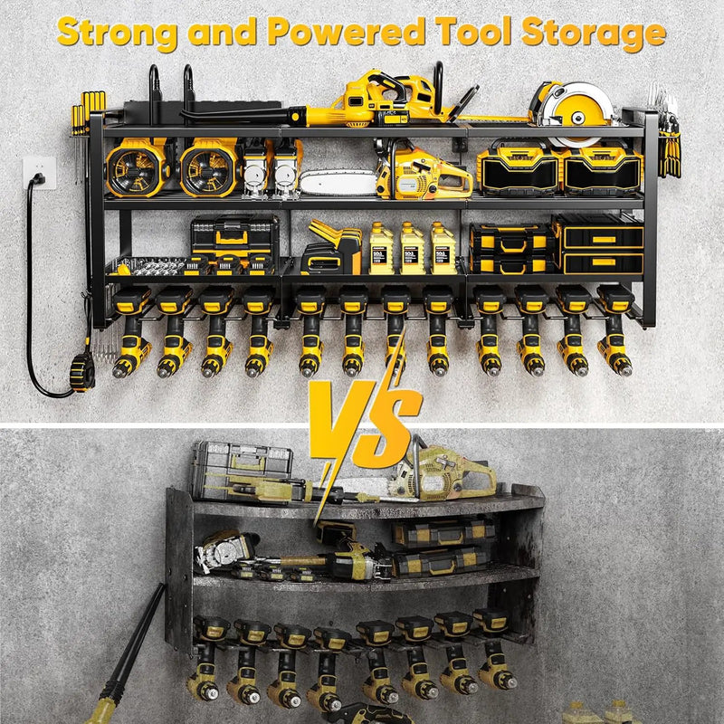 49.5" W Large Power Tool Organizer Wall Mount with Charging Station, 4-Tier Heavy Duty12 Cordless Drills Holder Load 600 lb, Tool Battery Storage Rack Built in 8 Outlet Power Strip for Garage by GreenHaven Gardens