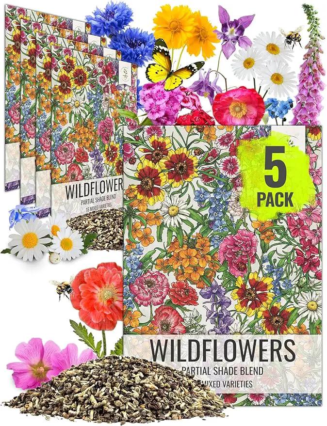 Seed Needs Partial Shade Wildflower Seed Mix for Planting | 5 Packs (1 Ounce Each) 14+ Varieties Open Pollinated Annual & Perennial Species | Flower Seeds Shade Tolerant | Bulk by GreenHaven Gardens