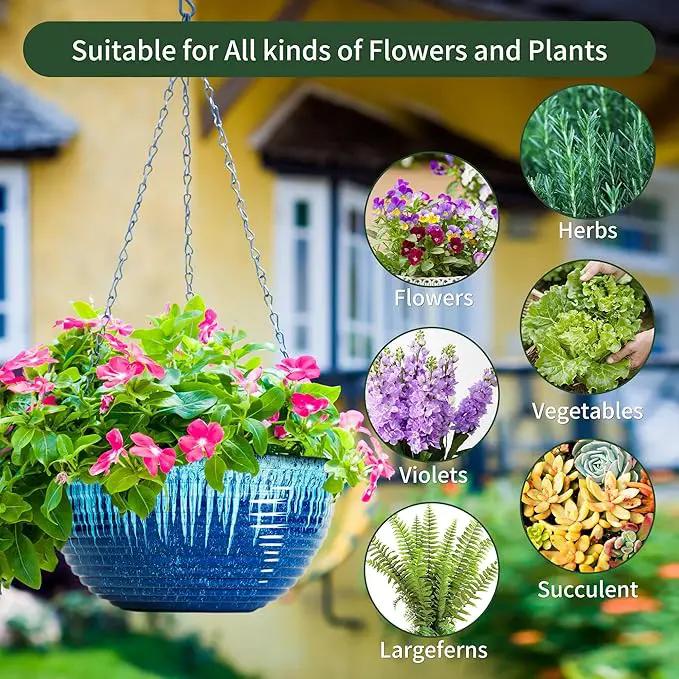 12 inch Hanging Planters for Indoor Outdoor Plants, 2 Pack Large Hanging Flower Pots with Drainage Holes and Chain, Glazed Hanging Baskets for Home Garden Decoration (Blue Flow Glaze) by GreenHaven Gardens