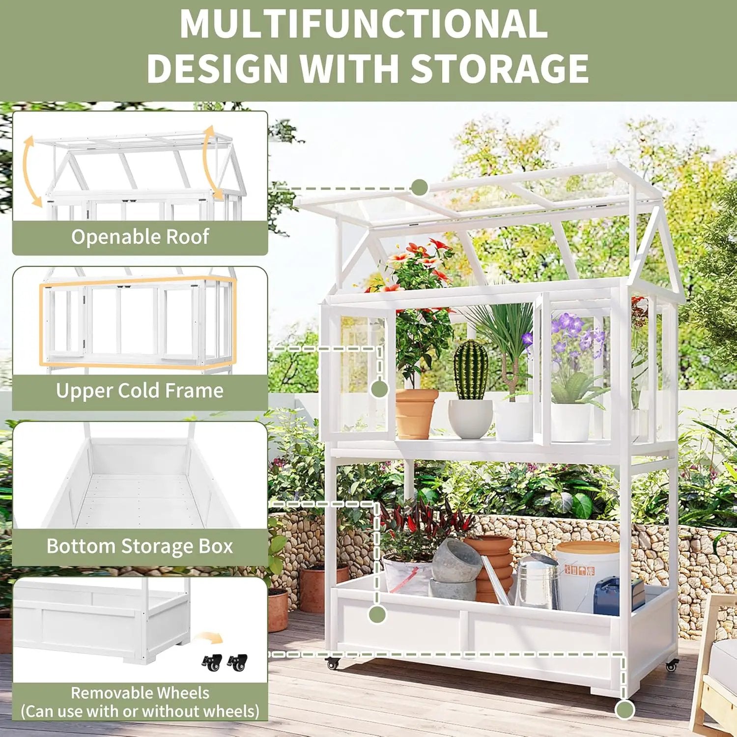 Portable Wooden Cold Frame Greenhouse with Wheels - 47" Mini Greenhouse with Adjustable Roof, Storage Box & Polycarbonate Panels - Plant Protector for Seedlings, Herbs & Winter Gardening (White) by GreenHaven Gardens