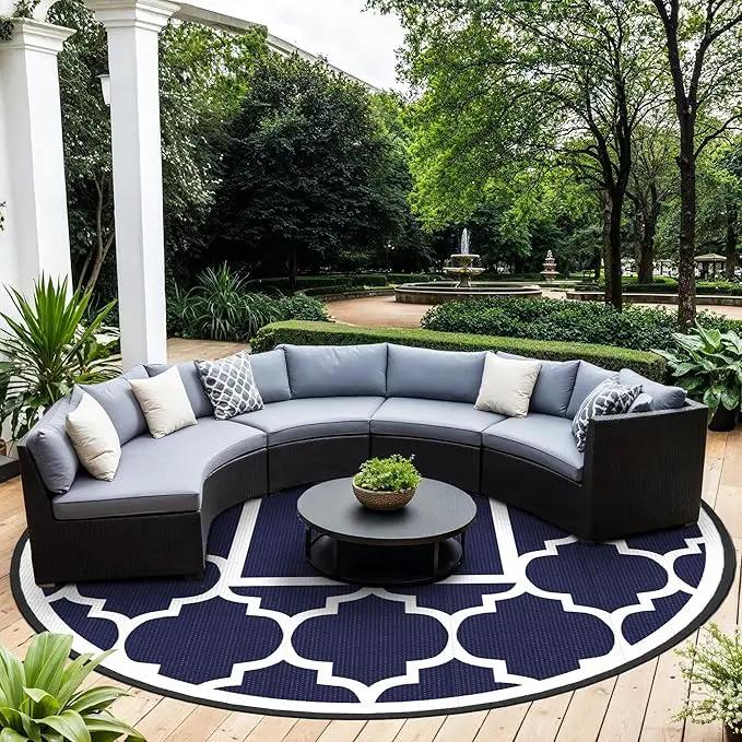GENIMO 10 ' Round Outdoor Rug for Patio, Waterproof Indoor Outdoor Plastic Straw Rugs Carpet, Reversible Outside Area Mat for Camping, Balcony Porch, Deck, Picnic, Blue White by GreenHaven Gardens