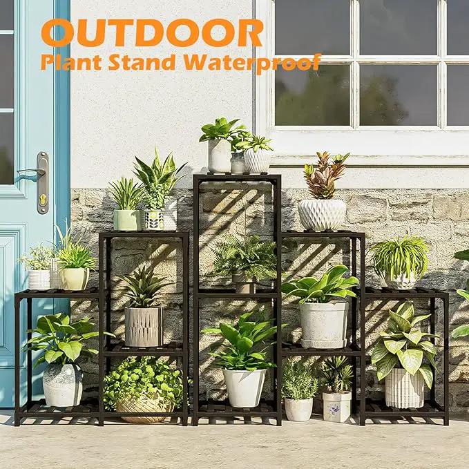 Bamworld Outdoor Plant Stand Indoor Black Corner Shelf 5-Tier 11 Potted Flower Shelves Wooden Garden Wood Plant Holder Rack for Living Room Lawn Window by GreenHaven Gardens