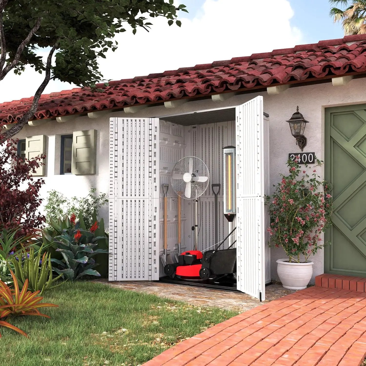 HOMSPARK Storage Shed Weather Resistance, Multi-Purpose Outdoor Storage Cabinet Waterproof, Outdoor Storage Cabinet for Garbage Cans, Lawnmower, Garden Accessories (Off White, Tall shed-53 cu ft) by GreenHaven Gardens