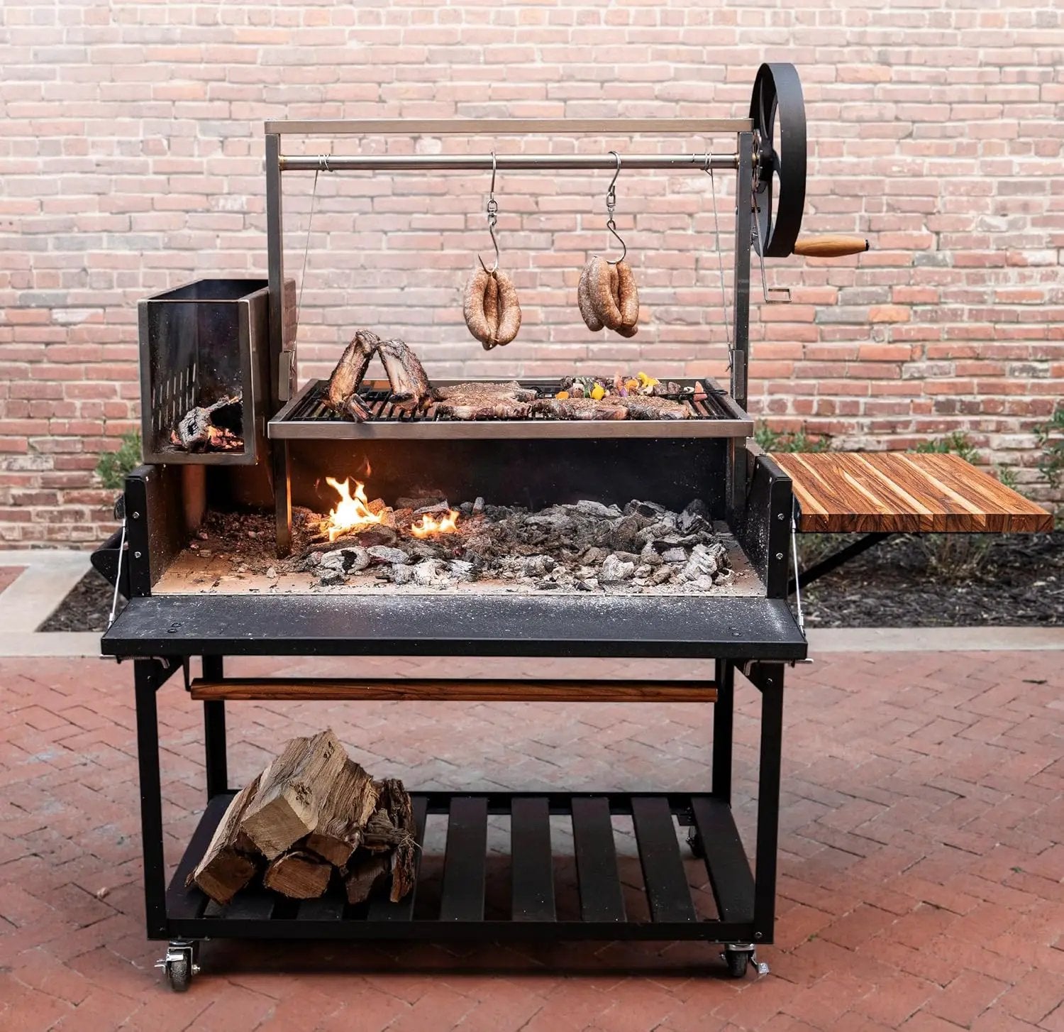 Backyard Discovery Argentine Santa Maria Wood Fire & Charcoal BBQ Grill with Brasero, Adjustable Grill Grates, Fire Bricks, Heavy-Duty Steel, S-Hooks, Acacia Wood Table for Outdoor Gaucho Grilling by GreenHaven Gardens