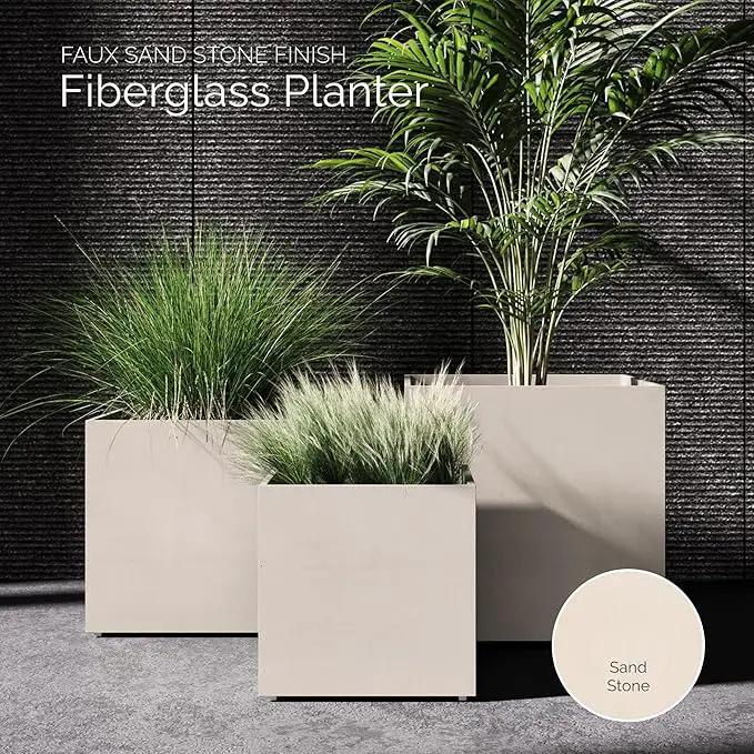 Reglito Cube Planter – Fiberglass Indoor/Outdoor and Weather-Resistant Large Planter (Sand Stone, 35.4" L x 35.4" W x 36" H) by GreenHaven Gardens