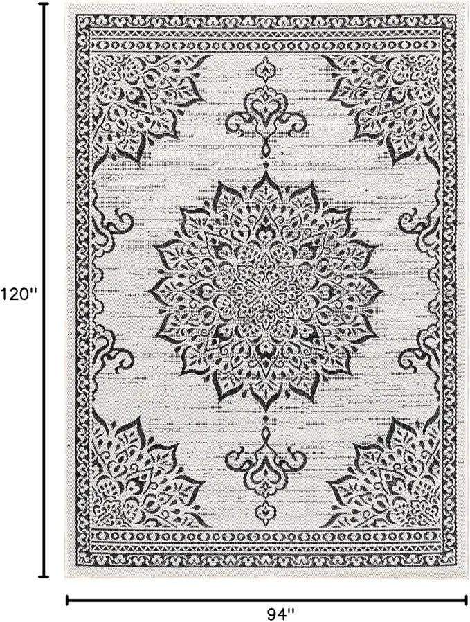 CAMILSON Outdoor Rug, 8x10 Medallion White Black Modern Area Rugs for Indoor and Outdoor Patios, Kitchen and Hallway Mats, Washable Porch Deck Outside Carpet (Medallion White, 8 x 10) by GreenHaven Gardens